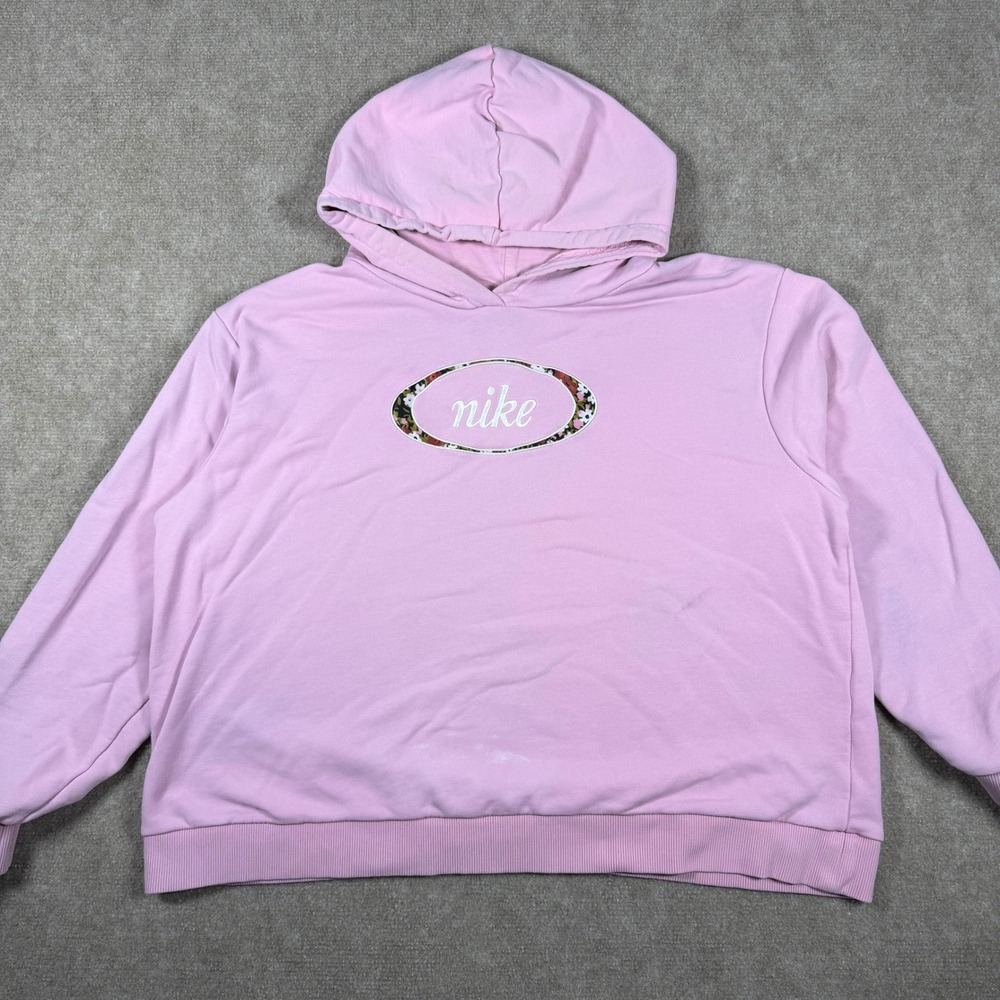 Nike Womens Pink Floral Retro Floral Logo Pullover Hoodie Sweatshirt Size 1X